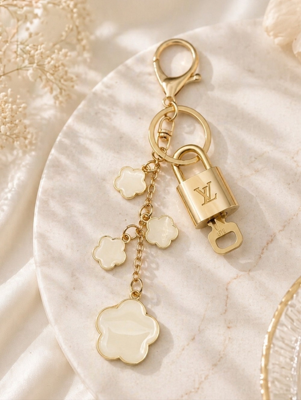 Authentic Louis Vuitton Lock & Key with Unbranded Flower Charm, Keychain